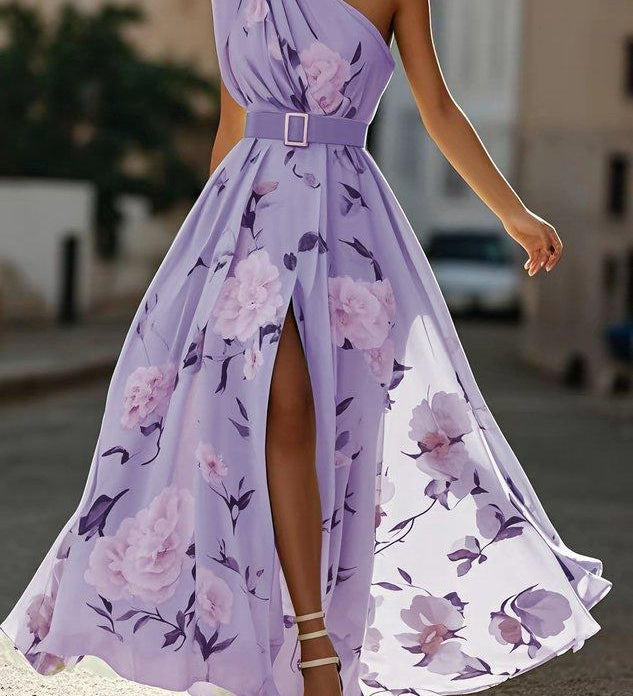 Amelie | Maxikleid Chiffon mit Blumenmuster mit freien Schultern hellgrün