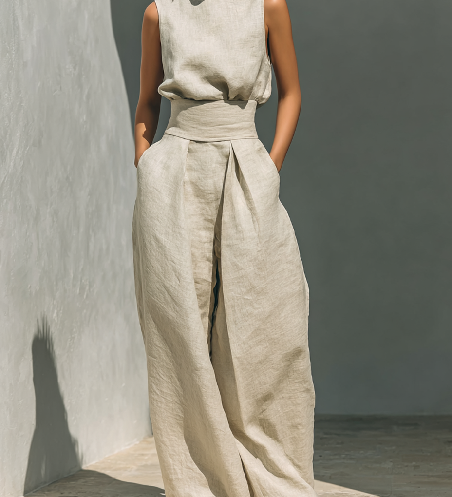 Set consisting of a sleeveless blouse and wide-leg trousers made from a cotton-linen blend.
