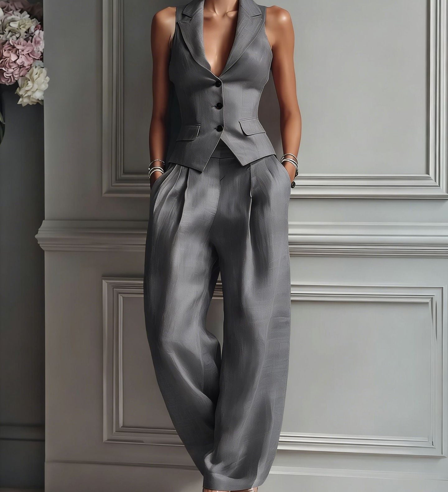 Women's Two-Piece Set with V-Neck and Buttons