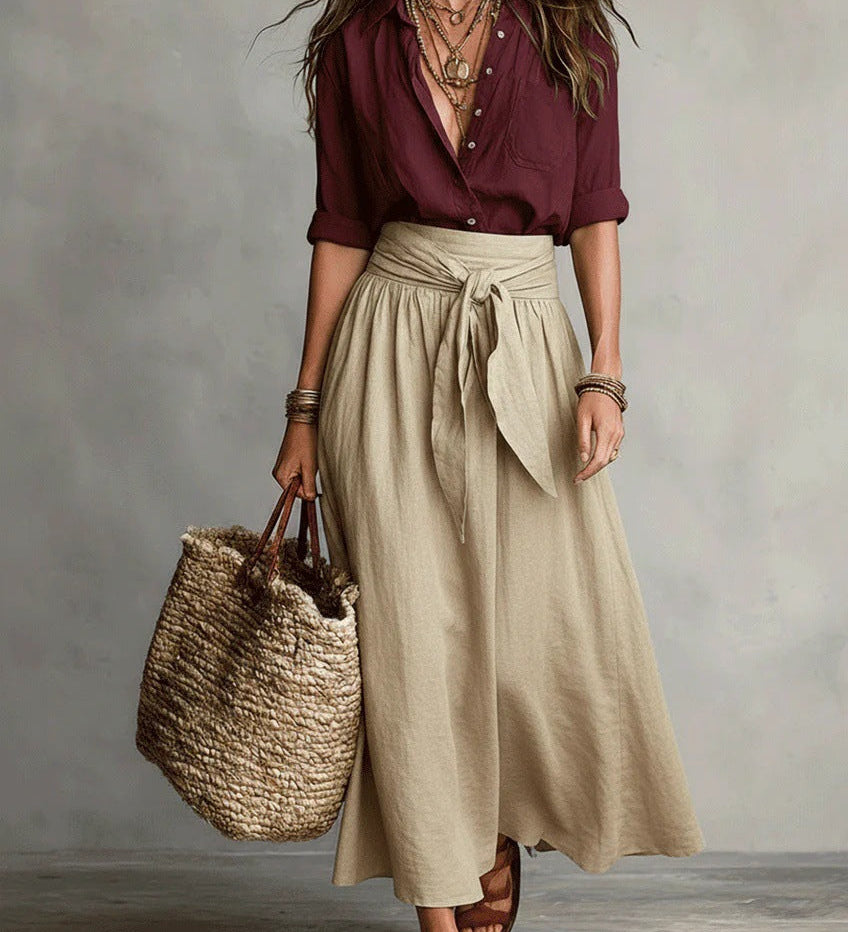 Vera – Two-piece set: black top and olive green midi skirt