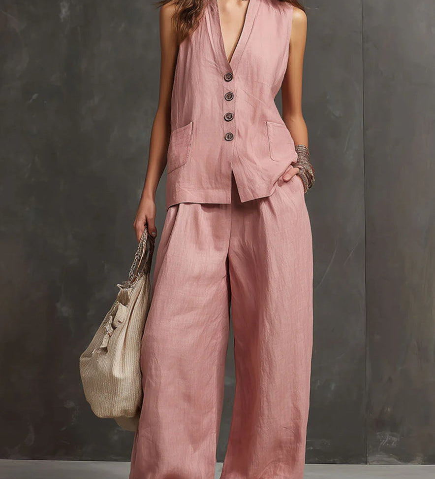 Two-Piece Cotton and Linen Set with Sleeveless Waistcoat and Wide-Leg Trousers