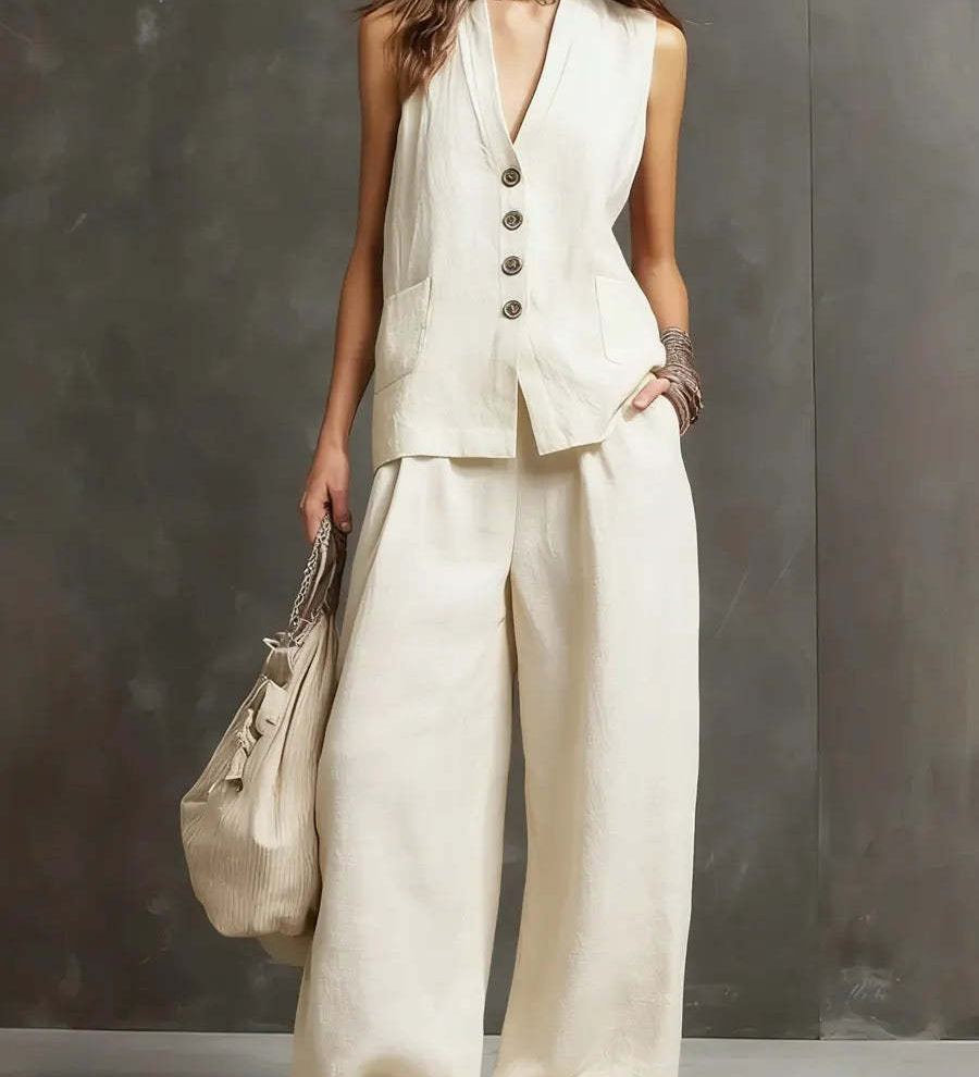 Two-Piece Cotton and Linen Set with Sleeveless Waistcoat and Wide-Leg Trousers