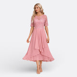 Isla - Short-Sleeve Lace Evening Dress