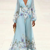 Margarete | Maxikleid Chiffon mit Blumenmuster hellblau mit V-Ausschnitt