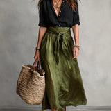 Vera – Two-piece set: black top and olive green midi skirt
