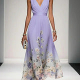 Paula | Maxikleid aus Chiffon mit Blumen hellblau und V-Ausschnitt
