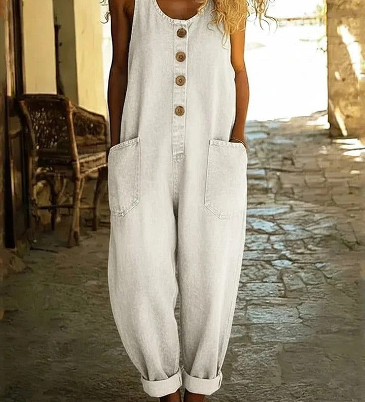 Isla - Vintage Washed Denim Cotton Jumpsuit