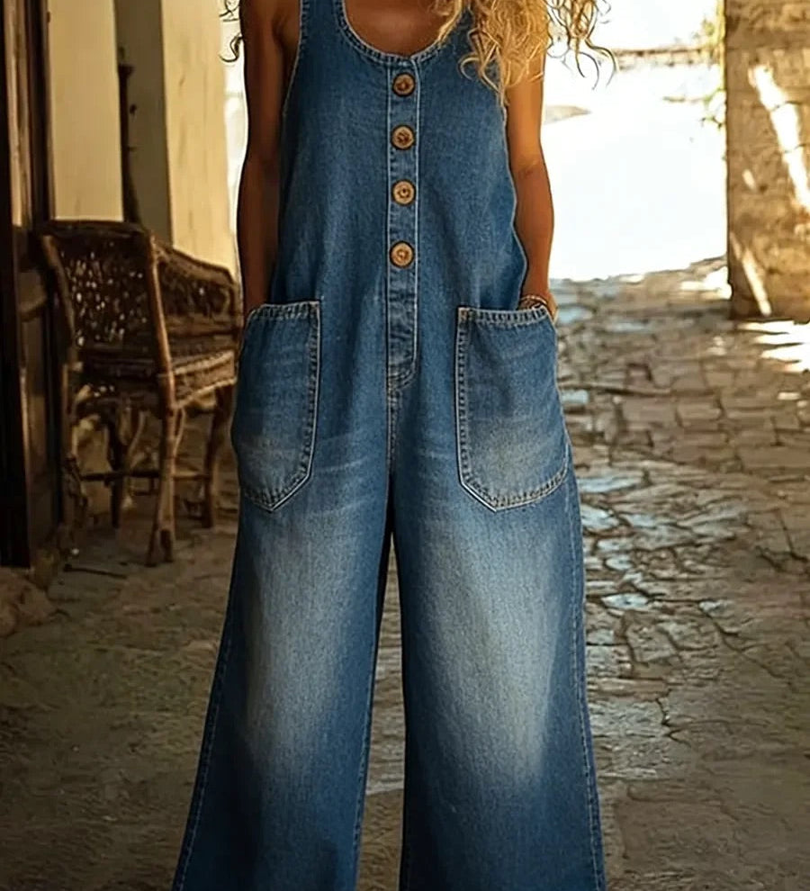 Isla - Vintage Washed Denim Cotton Jumpsuit