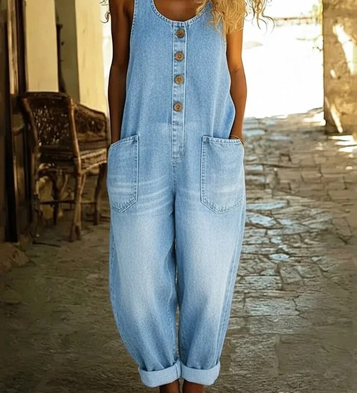 Isla - Vintage Washed Denim Cotton Jumpsuit